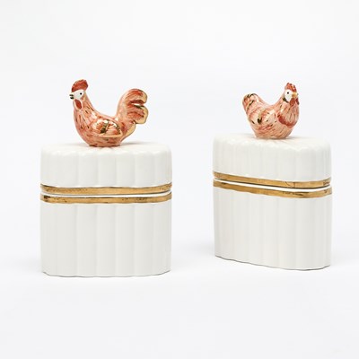 Lot 3294 - Pair of Italian Gilt Decorated Ceramic Small Covered Boxes With Bird Finials