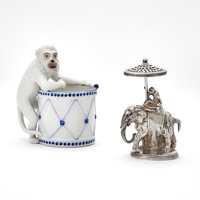 Lot 3352 - Christofle Silver-Plate Elephant and Monkey-Form Toothpick Holder and a Porcelain Monkey-Form Holder