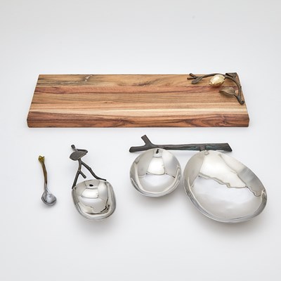 Lot 3252 - Michael Aram Wood and Metal Tray and Condiment Set