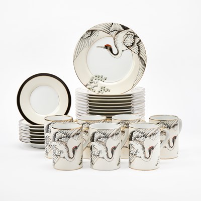 Lot 3212 - Partial Set of Fitz and Floyd Porcelain "Crane with Pine" Pattern Dessert Ware