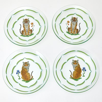Lot 3227 - Set of Eight Lynn Chase Glass Transfer Decorated "Tiger" Salad Plates