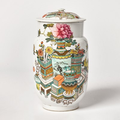 Lot 222 - A Chinese Famille Rose Porcelain Cylindrical Jar with a Domed Cover