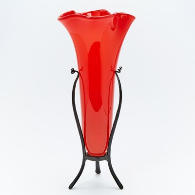 Lot 3255 - Patinated Metal and Blown Red Glass Flower-Form Vase