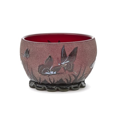 Lot 3317 - Ramski Art Nouveau Style Etched and Enameled Glass Footed Bowl with Butterfly Decoration