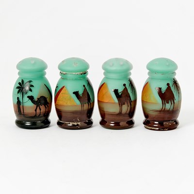 Lot 3199 - Set of Four Czechoslovakian Blown Glass Salt and Pepper Shakers with Camels and Pyramids