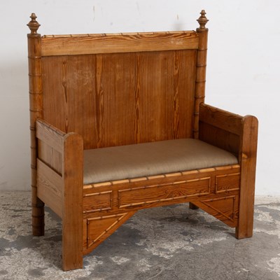 Lot 200 - Pine High Back Bench with Faux Bamboo Details