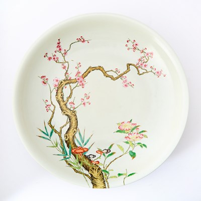 Lot 220 - A Chinese Famille Rose Porcelain Charger Decorated with Plum, Peach, Bamboo, and Lingzhi Fungus
