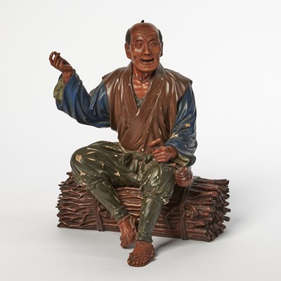 Lot 280 - A Japanese Lacquered Boxwood Figural Koro of a Woodsman