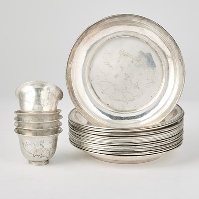 Lot 131 - A Group of Nineteen Chinese Export Silver Saucer Dishes Incised with Butterflies and Gourds