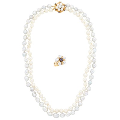Lot 1257 - Semi-Baroque White and Grey Cultured Pearl Necklace with Gold, Cultured Pearl and Sapphire Clasp and Ring