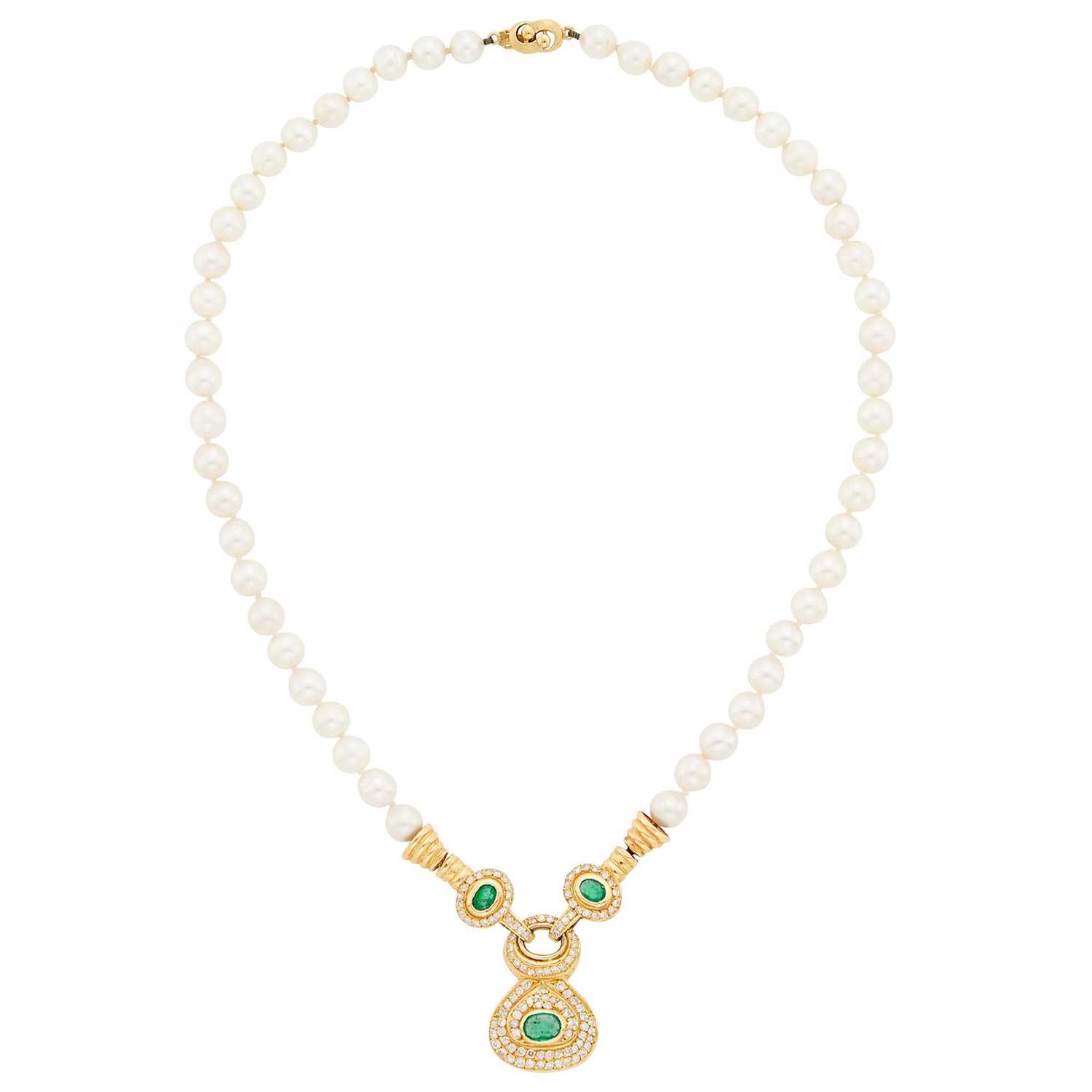 Lot 1080 - Gold, Cultured Pearl, Emerald and Diamond Pendant-Necklace
