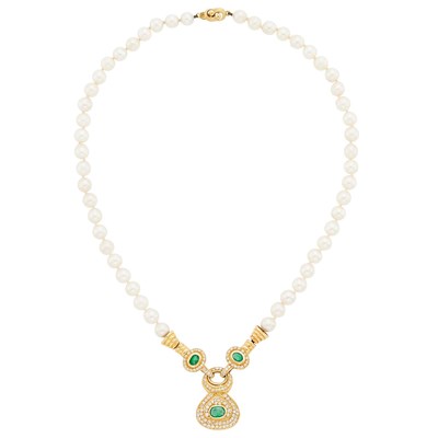 Lot 1080 - Gold, Cultured Pearl, Emerald and Diamond Pendant-Necklace