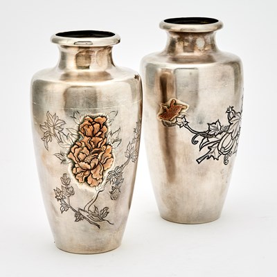 Lot 279 - A Pair of Japanese Silver Vases Decorated with Peony Flowers and Melon Tendrils