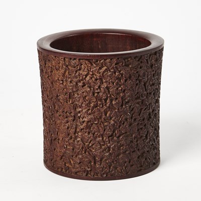Lot 95 - A Chinese Carved Wood Cylindrical Brush Pot with Fu Bat Patterns, Bitong