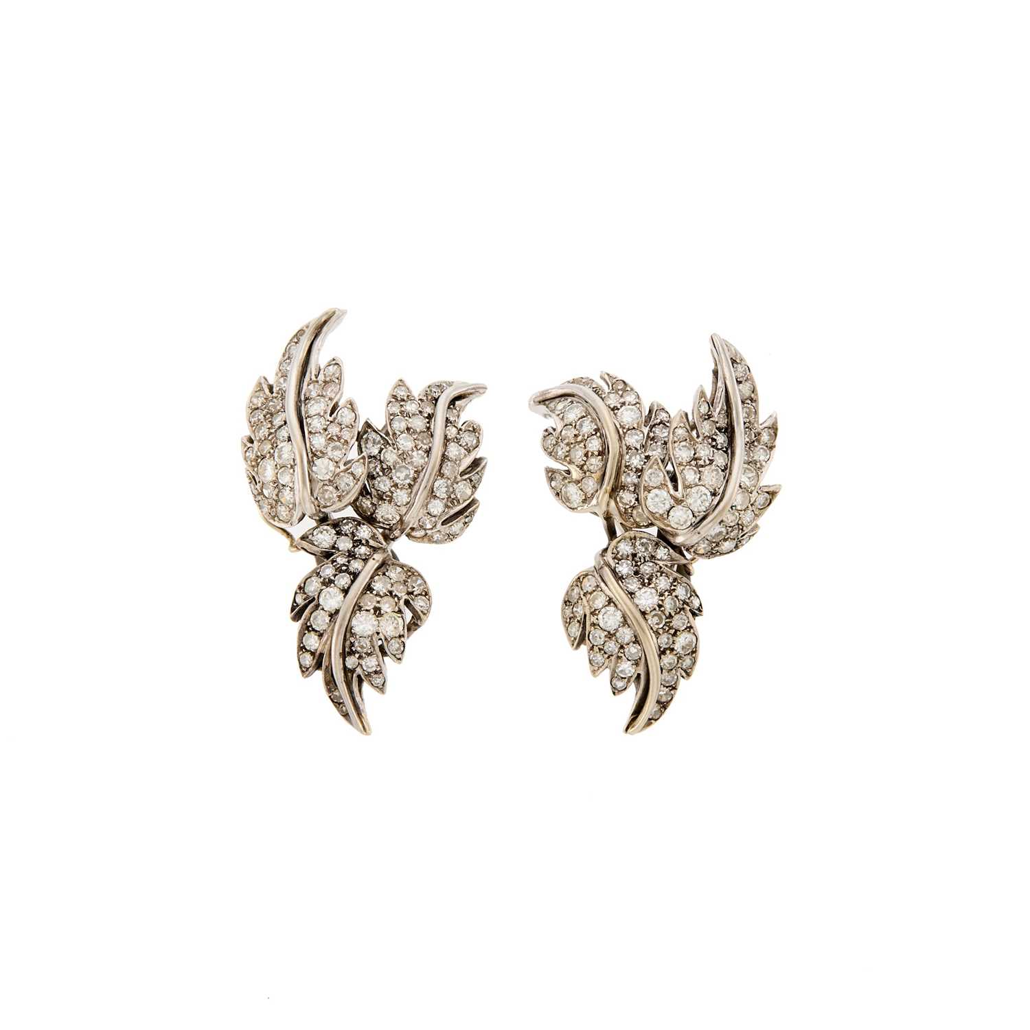 Lot 2309 - Pair of White Gold and Diamond Leaf Earclips