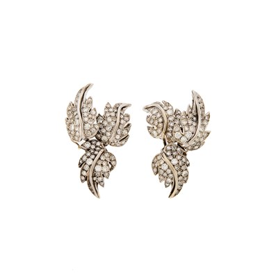 Lot 2309 - Pair of White Gold and Diamond Leaf Earclips