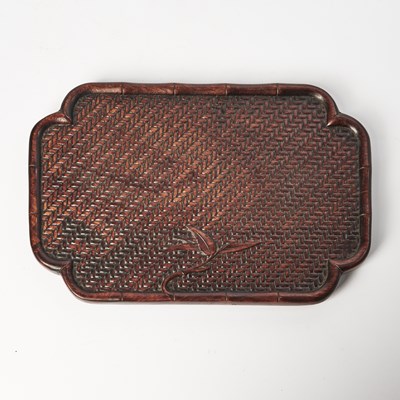 Lot 89 - A Chinese Basketry-Carved Hardwood Rectangular Tray with Canted Corners