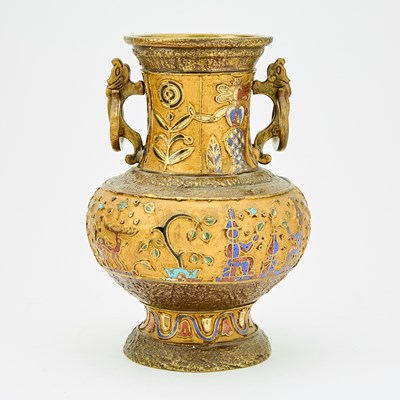 Lot 144 - An Asian Gilt Bronze and Champleve Enamel Twin-Handled Vase