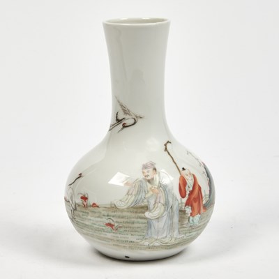 Lot 204 - A Chinese Enameled Porcelain Bottle Vase Depicting a Scholar, a Boy, and Cranes