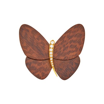 Lot 168 - Van Cleef & Arpels Gold, Letterwood and Diamond Butterfly Clip-Brooch, France