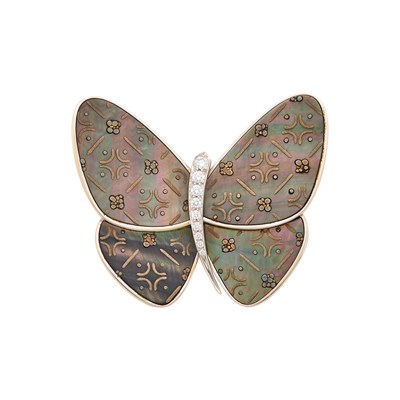 Lot 169 - Van Cleef & Arpels White Gold, Etched Mother-of-Pearl and Diamond 'Waritsuke' Butterfly Clip-Brooch, France