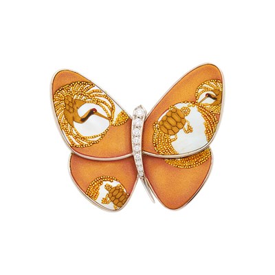 Lot Van Cleef & Arpels White Gold, Orange Lacquer, Mother-of-Pearl and Diamond 'Tsurukame' Butterfly Clip-Brooch, France