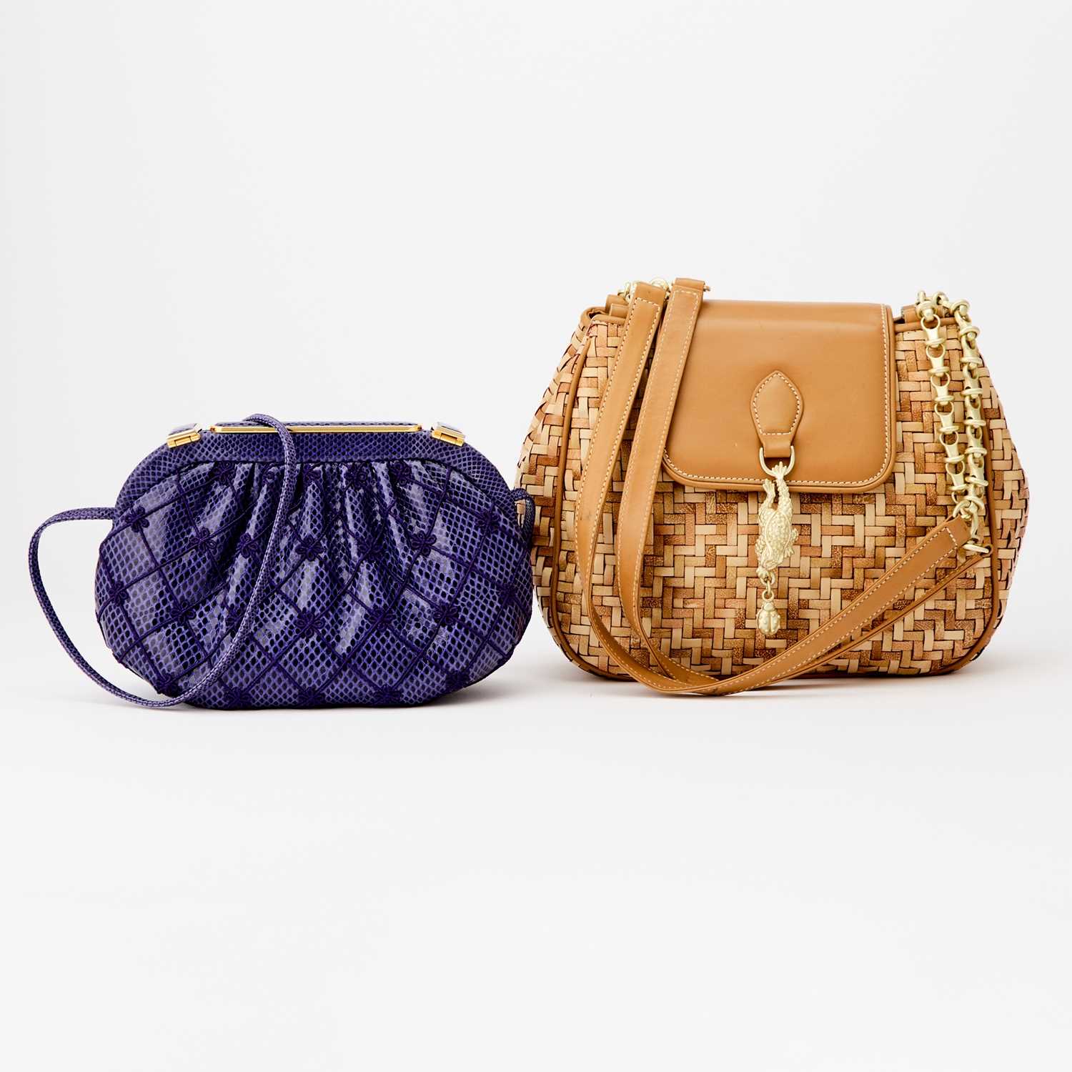Lot 2346 - Judith Leiber Purple Lizard Skin Bag with Barry Kieselstein-Cord Woven Leather Bag