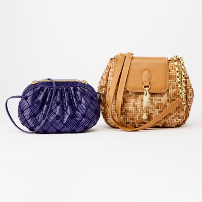 Lot 2346 - Judith Leiber Purple Lizard Skin Bag with Barry Kieselstein-Cord Woven Leather Bag