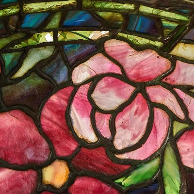 Lot 233 - Tiffany Studios Bronze and Leaded Glass Peony Table Lamp