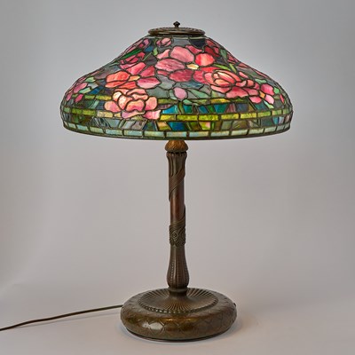 Lot 233 - Tiffany Studios Bronze and Leaded Glass Peony Table Lamp