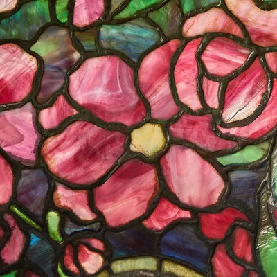 Lot 233 - Tiffany Studios Bronze and Leaded Glass Peony Table Lamp