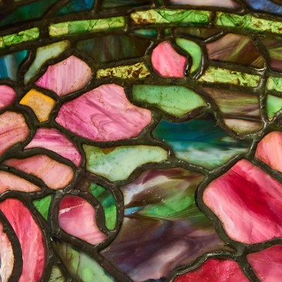 Lot 233 - Tiffany Studios Bronze and Leaded Glass Peony Table Lamp