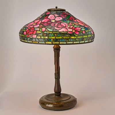 Lot Tiffany Studios Bronze and Leaded Glass Peony Table Lamp