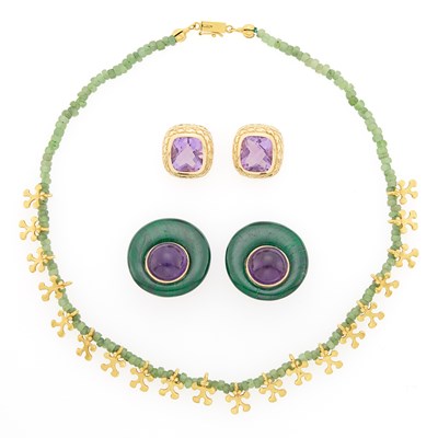 Lot 1265 - Two Pairs Gold, Amethyst and Malachite Earclips and Green Bead Necklace