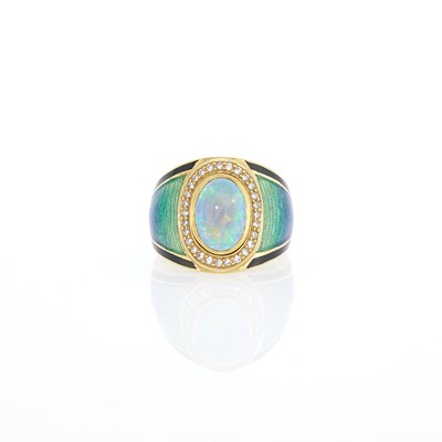 Lot 1034 - Gold, Enamel, Opal and Diamond Ring