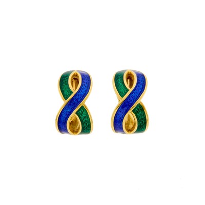 Lot 1069 - Pair of Gold, Blue and Green Enamel Earrings