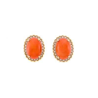 Lot 1068 - Gold, Coral and Diamond Earrings