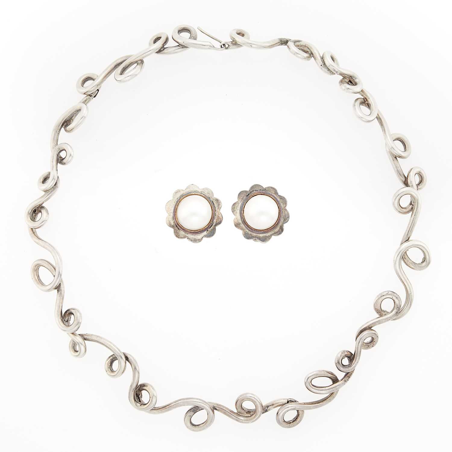 Lot 1304 - Silver 'Swirl' Necklace with Pair of Tiffany & Co. Silver, Gold and Mabé Pearl Earclips