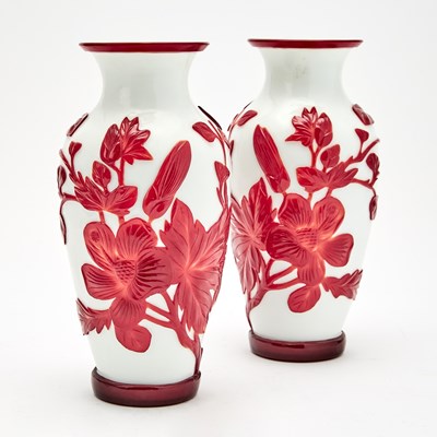 Lot 140 - A Pair of Chinese Peking Glass Overlay Vases with Blossoms on Leafy Branches