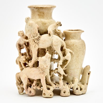 Lot 115 - A Chinese Relief-Carved Soapstone Vase Grouping with Animals