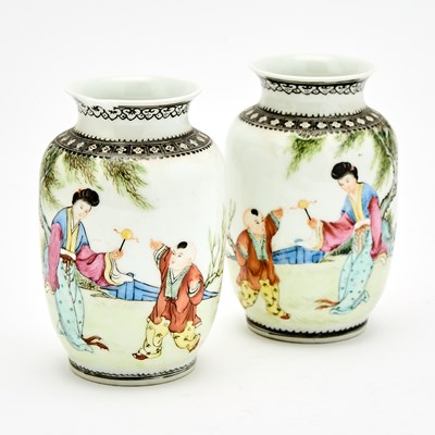 Lot 255 - A Pair of Diminutive Chinese Famille Rose Porcelain Ovoid Vases