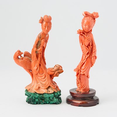 Lot 74 - Two Chinese Coral Figural Carvings of Female Immortals