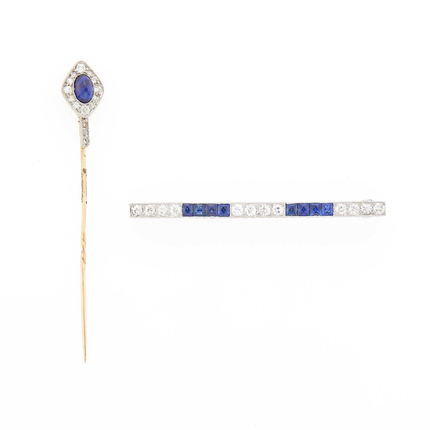 Lot 1193 - Platinum and Sapphire Pin and Cabochon Sapphire and Diamond Stick Pin