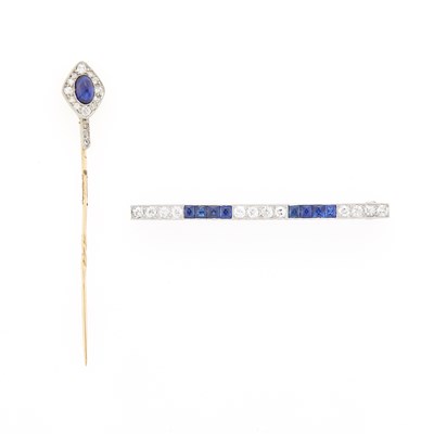 Lot 1193 - Platinum and Sapphire Pin and Cabochon Sapphire and Diamond Stick Pin