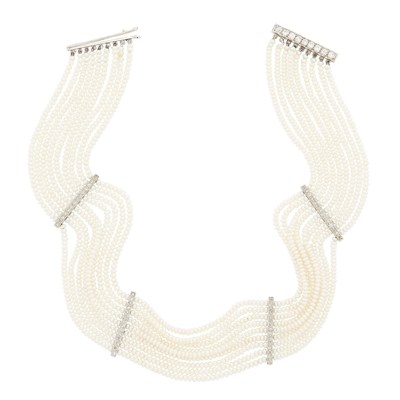 Lot 1103 - Seed Pearl, White Gold and Diamond Choker Necklace