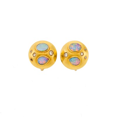 Lot 1235 - Pair of Gold, Opal, Colored Diamond and Diamond Earclips
