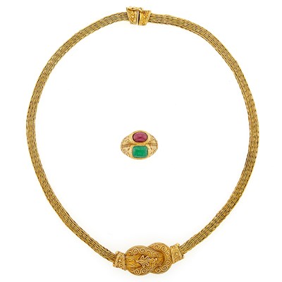 Lot 1208 - Woven Gold Necklace and Cabochon Pink Tourmaline and Aventurine Quartz Ring