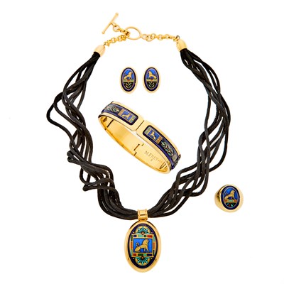 Lot 1204 - Michaela Frey Gilt-Metal and Enamel Bangle Bracelet and Pendant-Necklace and Pair of Gold Earrings and Ring