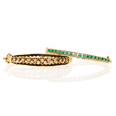 Lot 1207 - Two Gold, Enamel, Turquoise and Diamond Bangle Bracelets