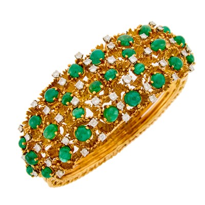 Lot 1210 - Two-Color Gold, Cabochon Emerald and Diamond Bangle Bracelet